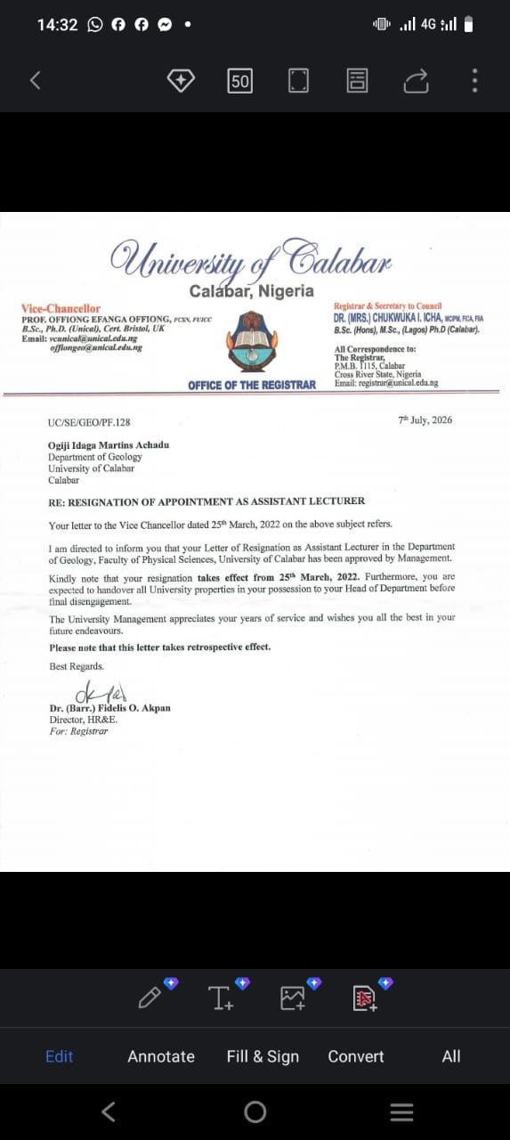 Martins Achadu UNICAL Documents 3 "I Voluntarily Reported Payments and Made Refunds To UNICAL" - Hon. Achadu Refutes Double Salary Allegation