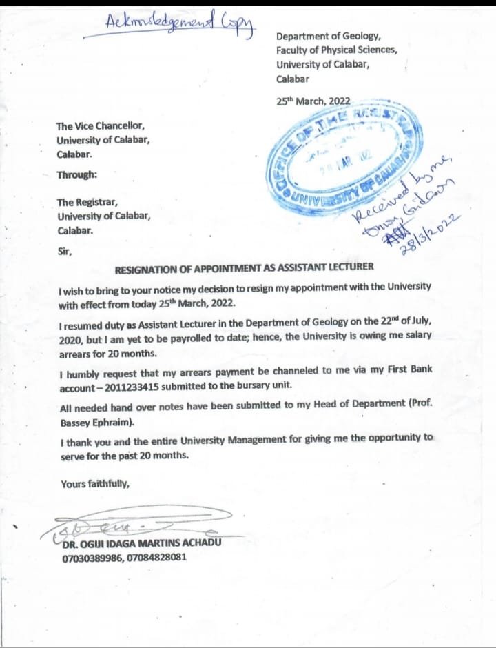 Martins Achadu UNICAL Documents 4 "I Voluntarily Reported Payments and Made Refunds To UNICAL" - Hon. Achadu Refutes Double Salary Allegation
