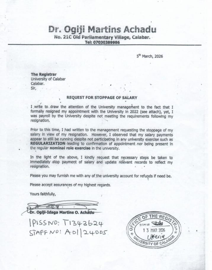 Martins Achadu UNICAL Documents 5 "I Voluntarily Reported Payments and Made Refunds To UNICAL" - Hon. Achadu Refutes Double Salary Allegation