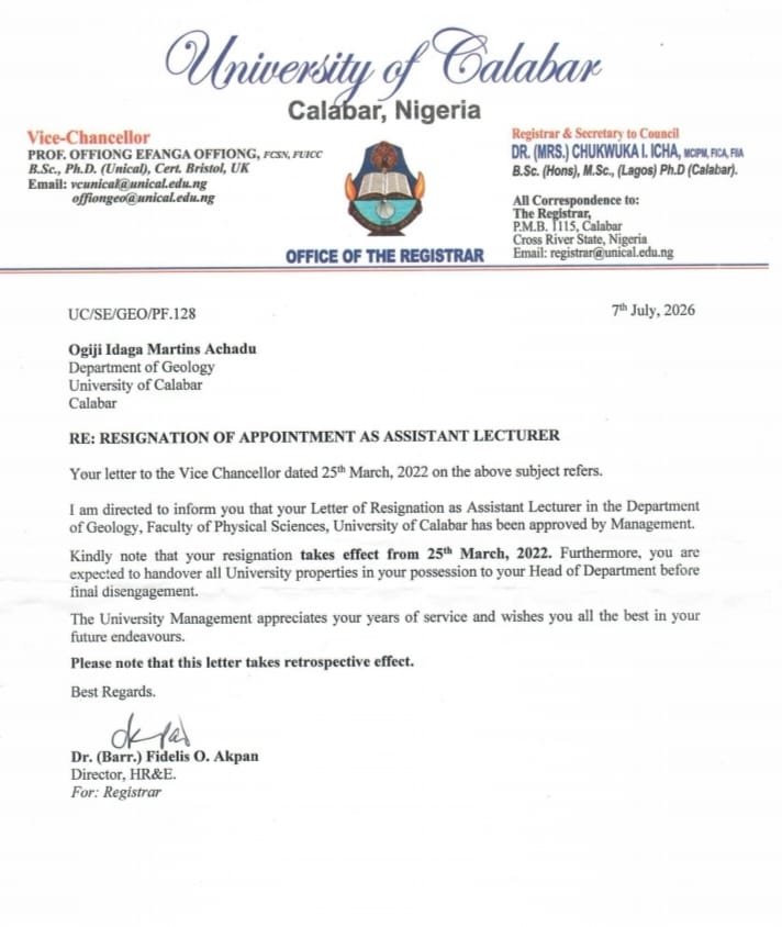 Martins Achadu UNICAL Documents 6 "I Voluntarily Reported Payments and Made Refunds To UNICAL" - Hon. Achadu Refutes Double Salary Allegation