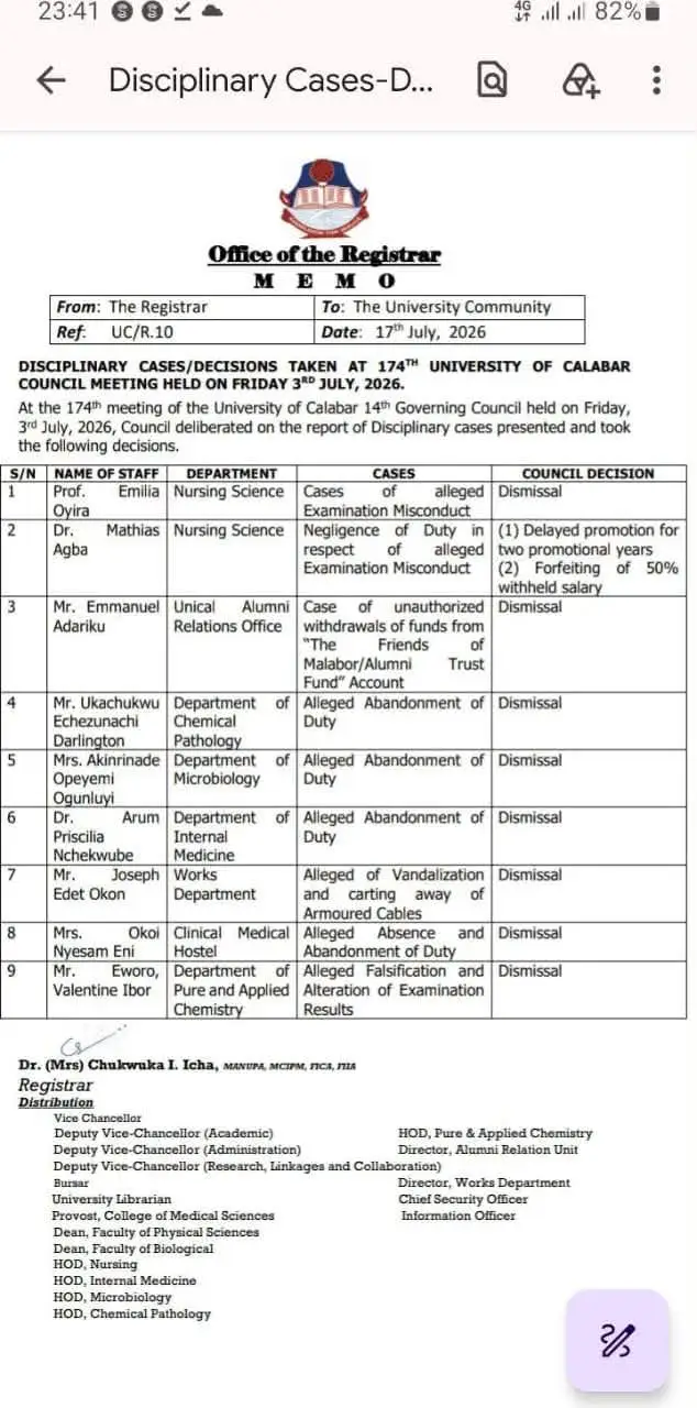dismissed unical staff UNICAL dismisses professor, doctor, 6 other staff, sanctions one over misconduct