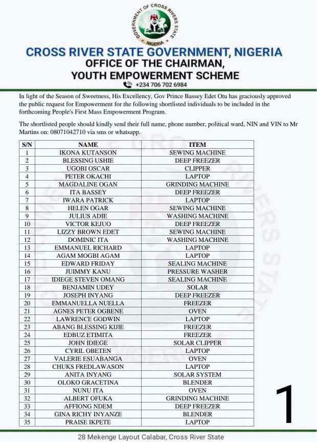 Cross River State Mass Youths Empowerment Programme List 1 List of 204 youths empowered by Governor Otu