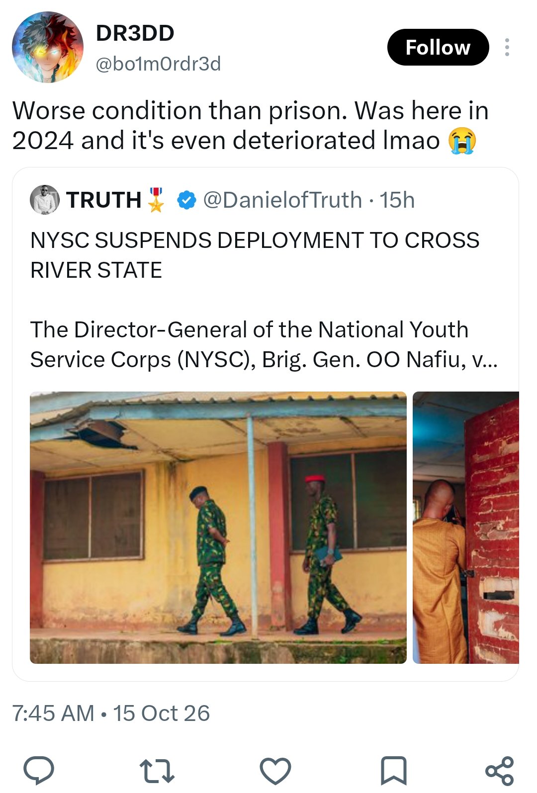 Screenshot 20261015 074747 Nigerians react over deplorable state of NYSC camp in Cross River