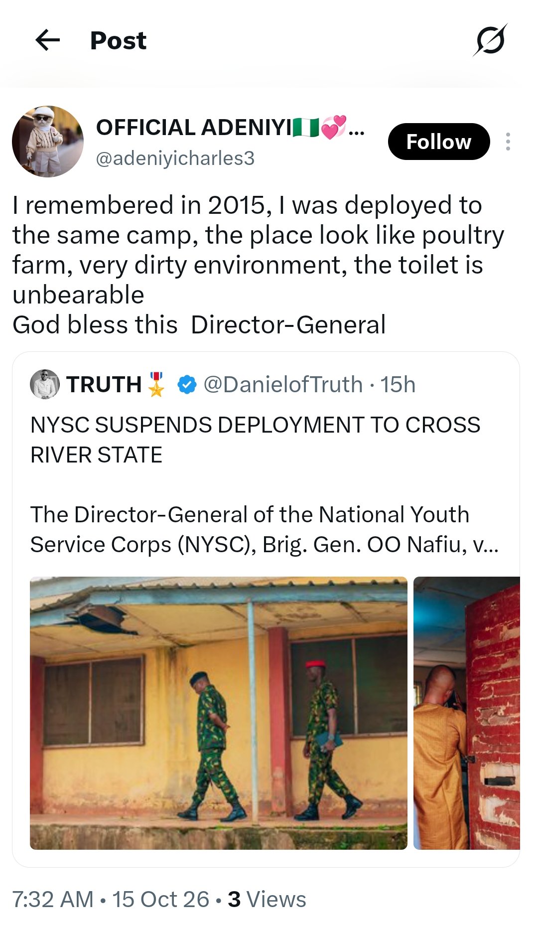Screenshot 20261015 075007 Nigerians react over deplorable state of NYSC camp in Cross River